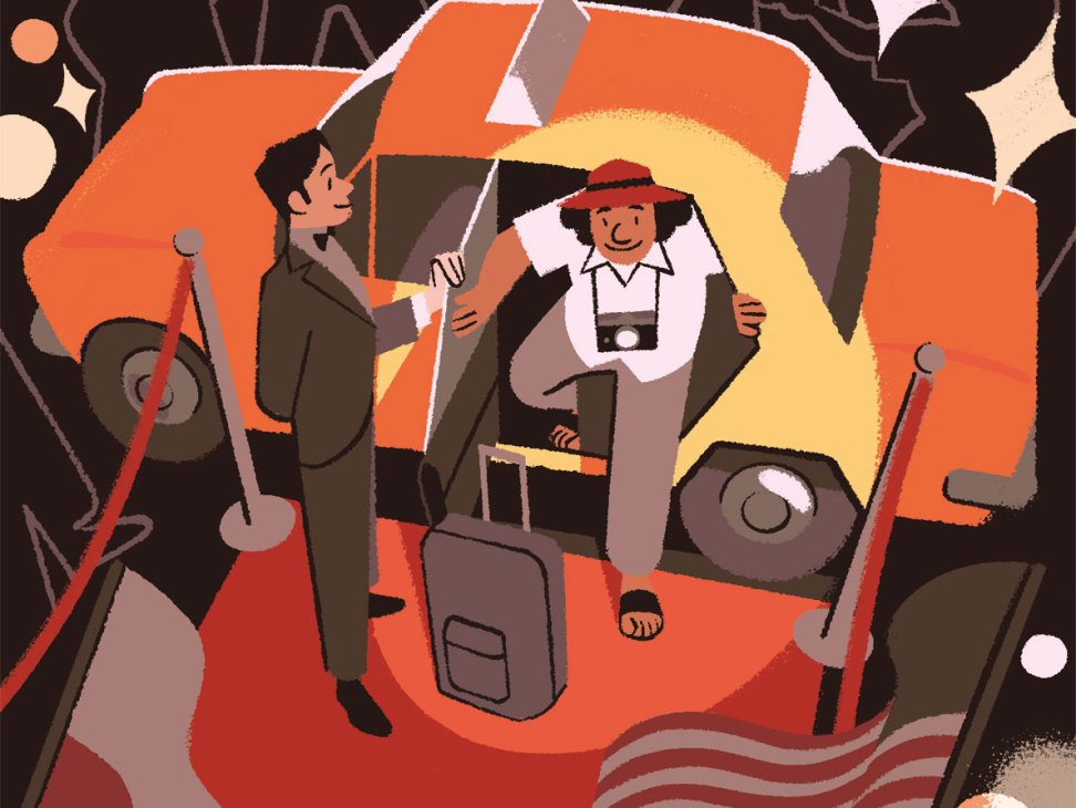 Illustration of people inside an orange tent-like structure against a dark starry background