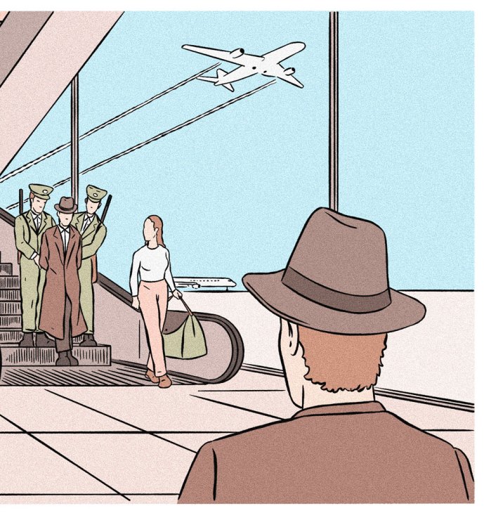 Illustration of a man in a hat and coat watching people at an airport, with planes visible in the background