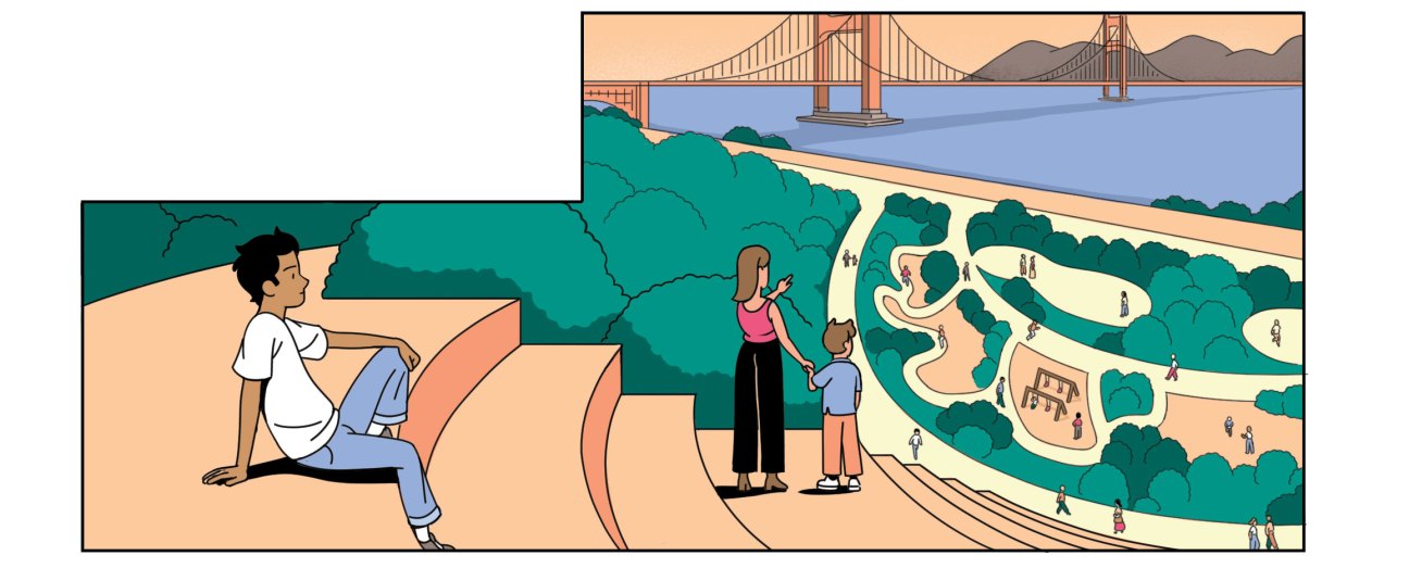 Illustration of people enjoying Presidio Tunnel Tops park with Golden Gate Bridge and San Francisco Bay in background