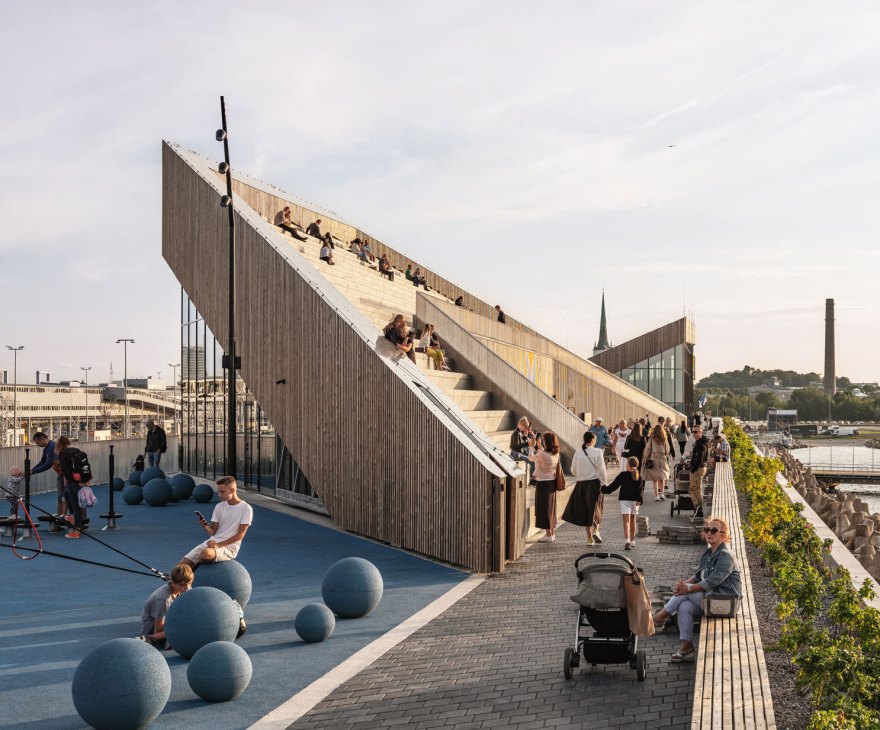 Modern interior of Tallinn Cruise Terminal showing bright public spaces with wooden architectural elements
