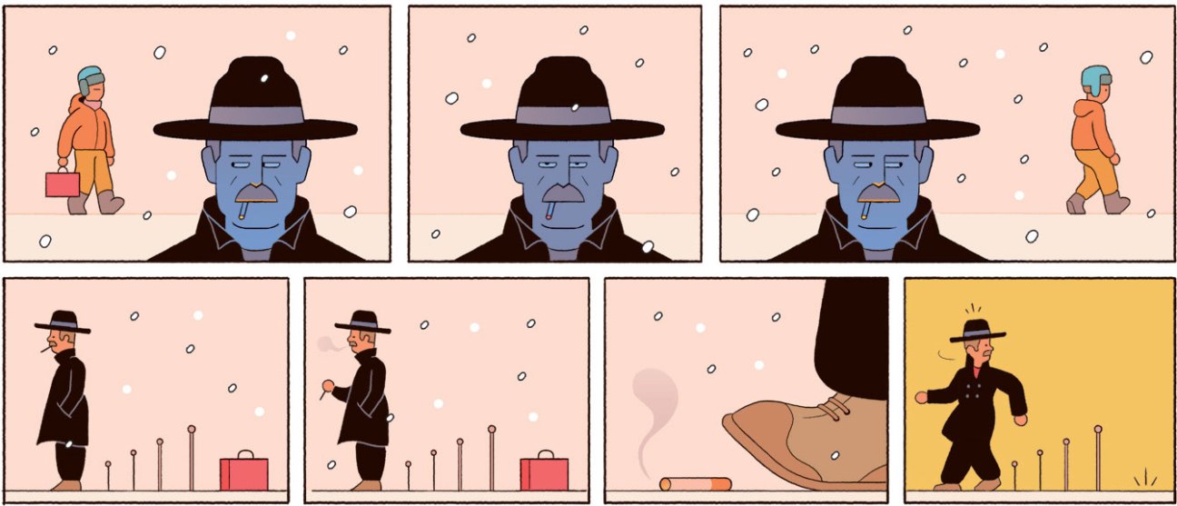 Illustrated comic-style panels showing a man in dark coat and hat observing someone with a suitcase in snowy conditions
