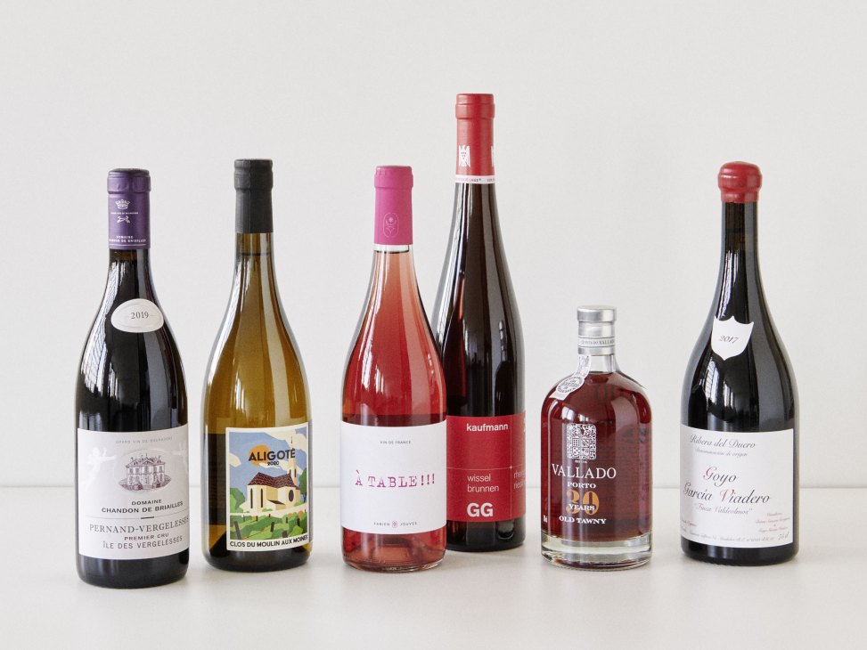 Six wine bottles displayed against a white background including Burgundy, rosé, riesling, port and Spanish red wines.
