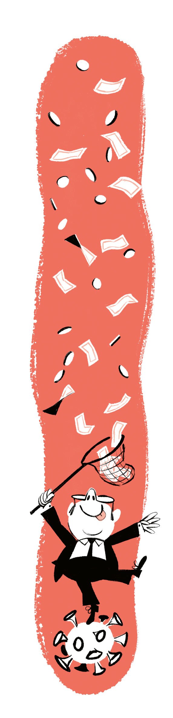 Cartoon businessman catching falling papers with a net while standing on a virus