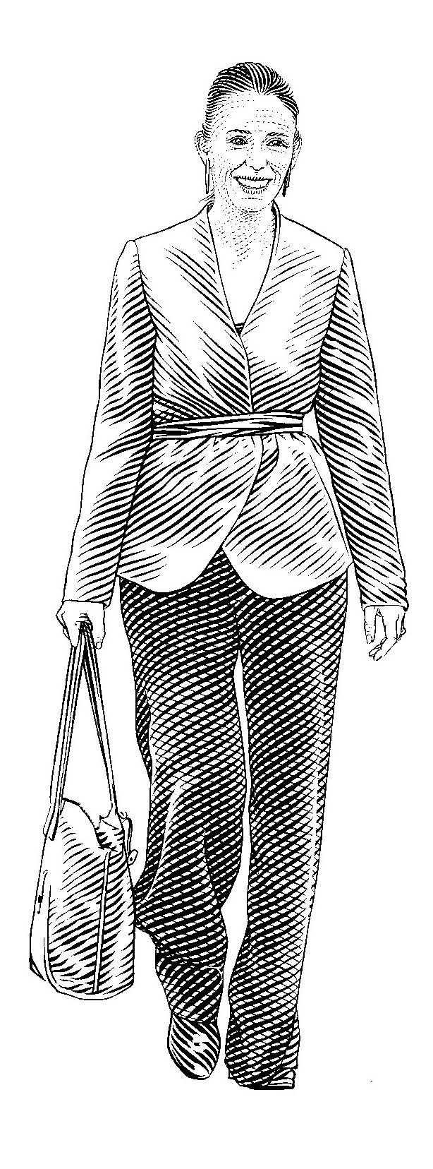 Black and white pen illustration of Jacinda Ardern in business attire carrying a handbag