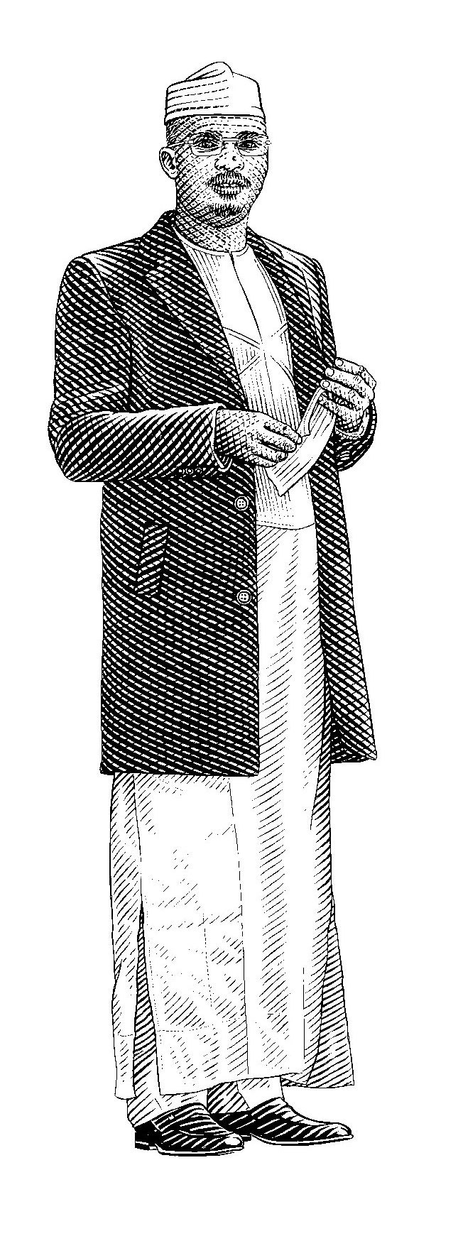 Black and white engraved illustration of Mahamat Déby wearing white jalabiya robes and tagiya hat