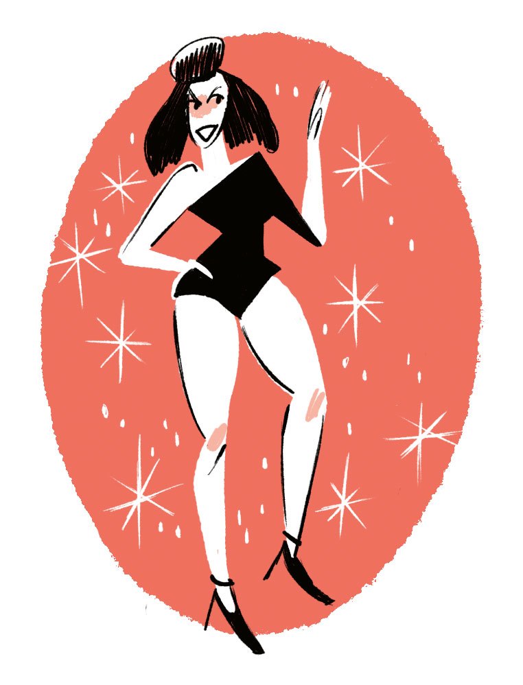 Stylized illustration of a woman dancing in a black outfit against a coral background with sparkles
