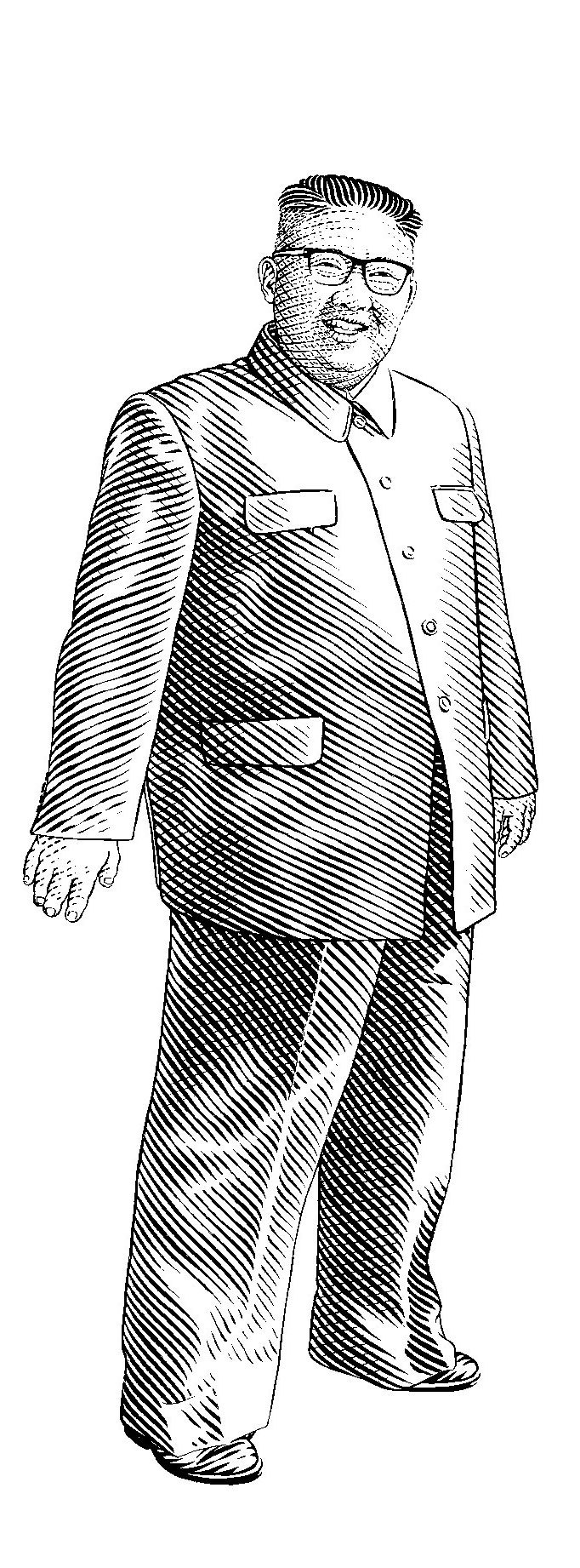 Illustrated portrait of Kim Jong-un in a high-buttoned monochrome suit and glasses