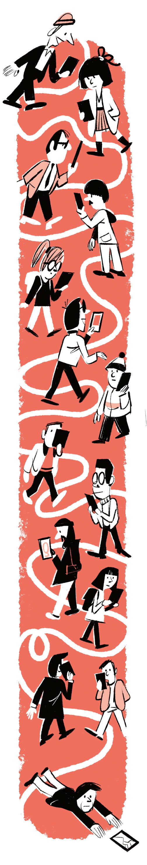Illustration showing various people walking along a winding white path on a coral red background