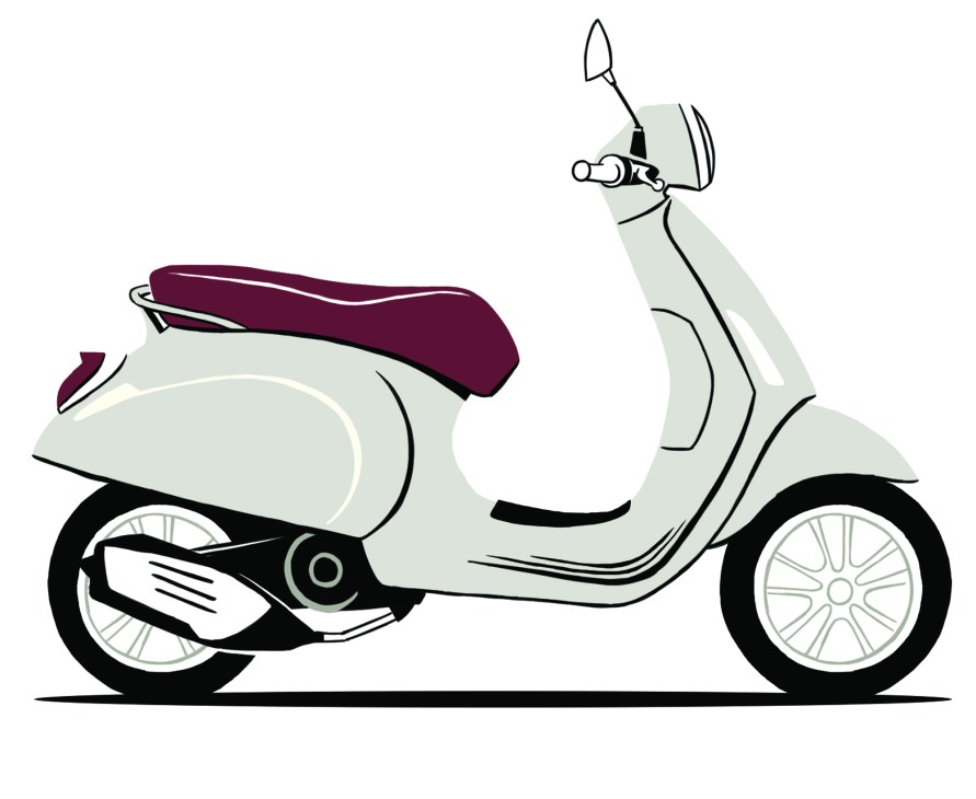 Illustrated Vespa Piaggio scooter in white with burgundy seat and black accents