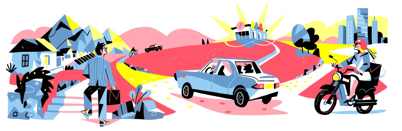 Colorful illustration showing a car traveling from rural countryside on the left to urban city buildings on the right.