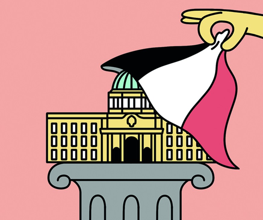 Illustration of a classical government building with columns and dome on a platform with a hand above