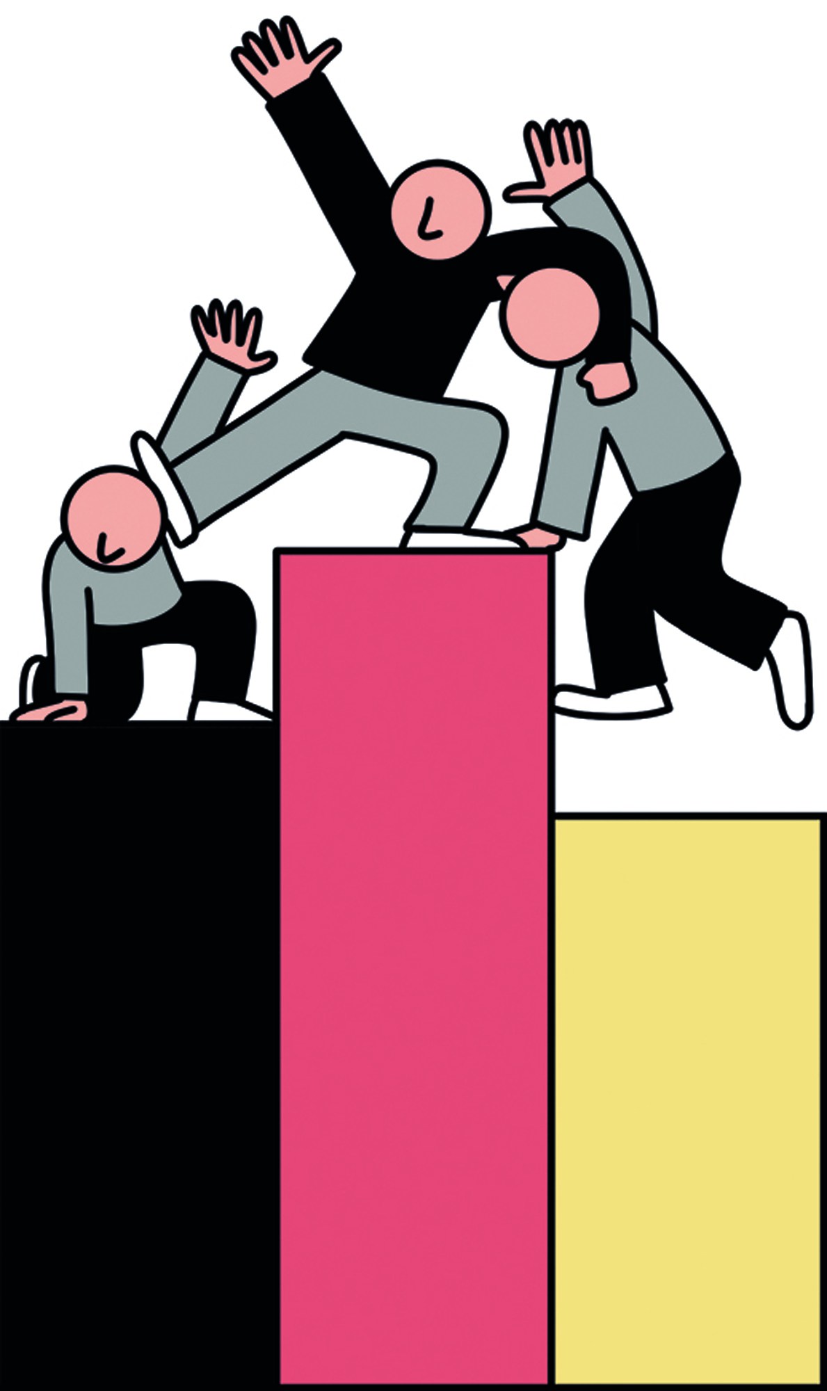 Illustration showing three figures climbing colorful blocks representing German political succession