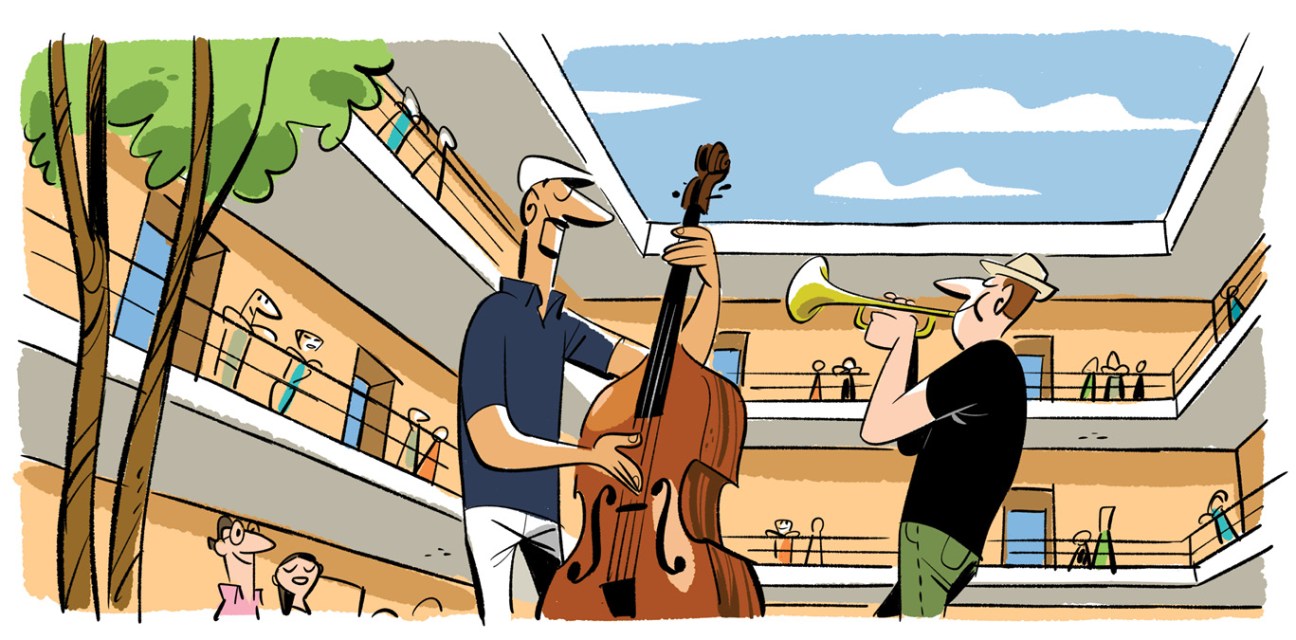 Illustration of musicians performing on a residential building courtyard with audience members watching from balconies.