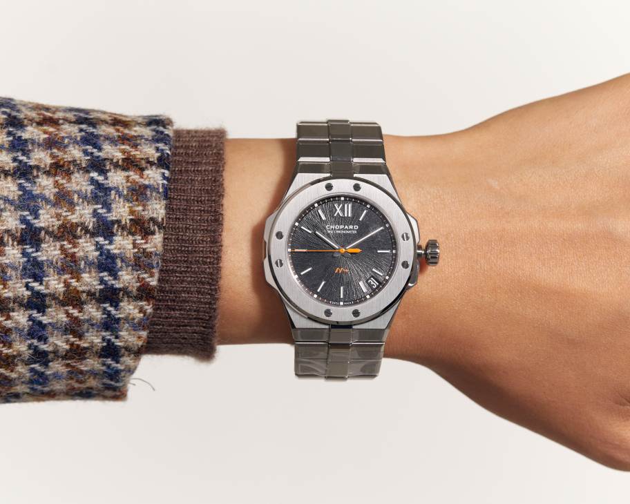 Chopard Alpine Eagle Cadence 8HF watch with silver metal bracelet and dark dial