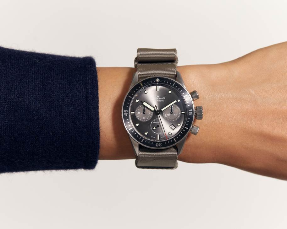 Blancpain Bathyscape Chronographe Flyback watch with dark blue dial and fabric strap