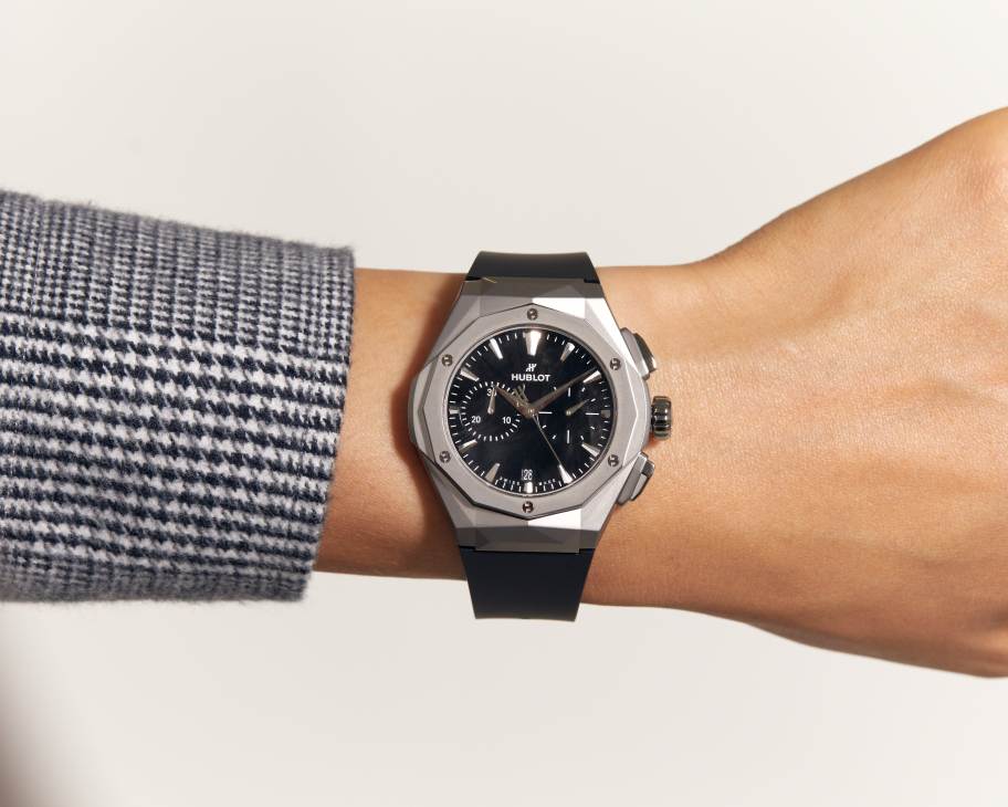 Hublot Classic Fusion Chronograph Orlinski Titanium Watch with angular geometric case and black rubber strap