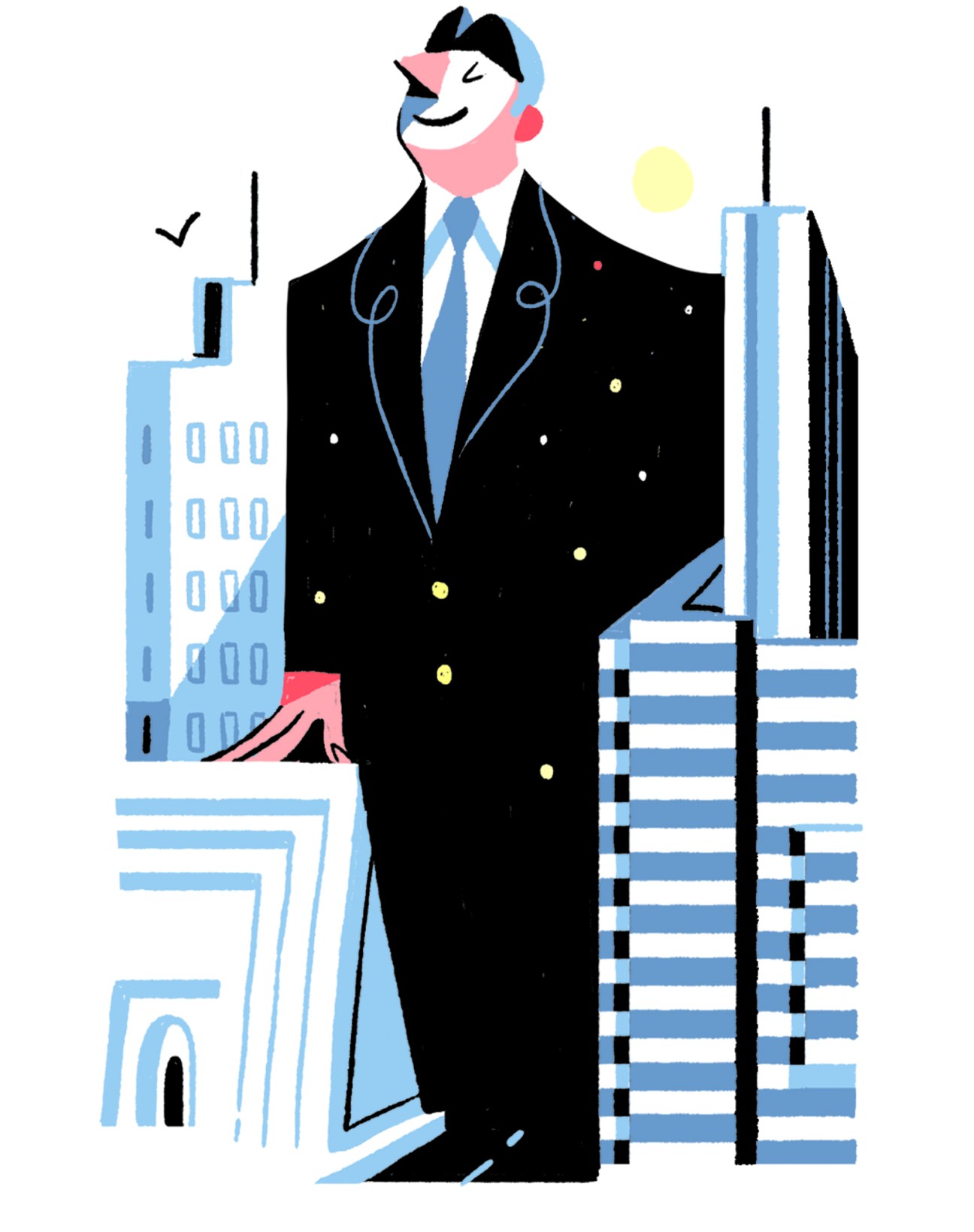 Illustration of a confident businessman in a black double-breasted suit and blue tie standing among city buildings.