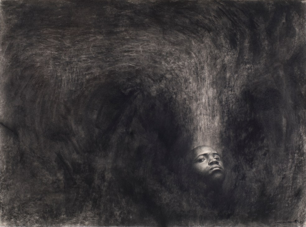 Abstract artwork showing a dark silhouetted figure against white background