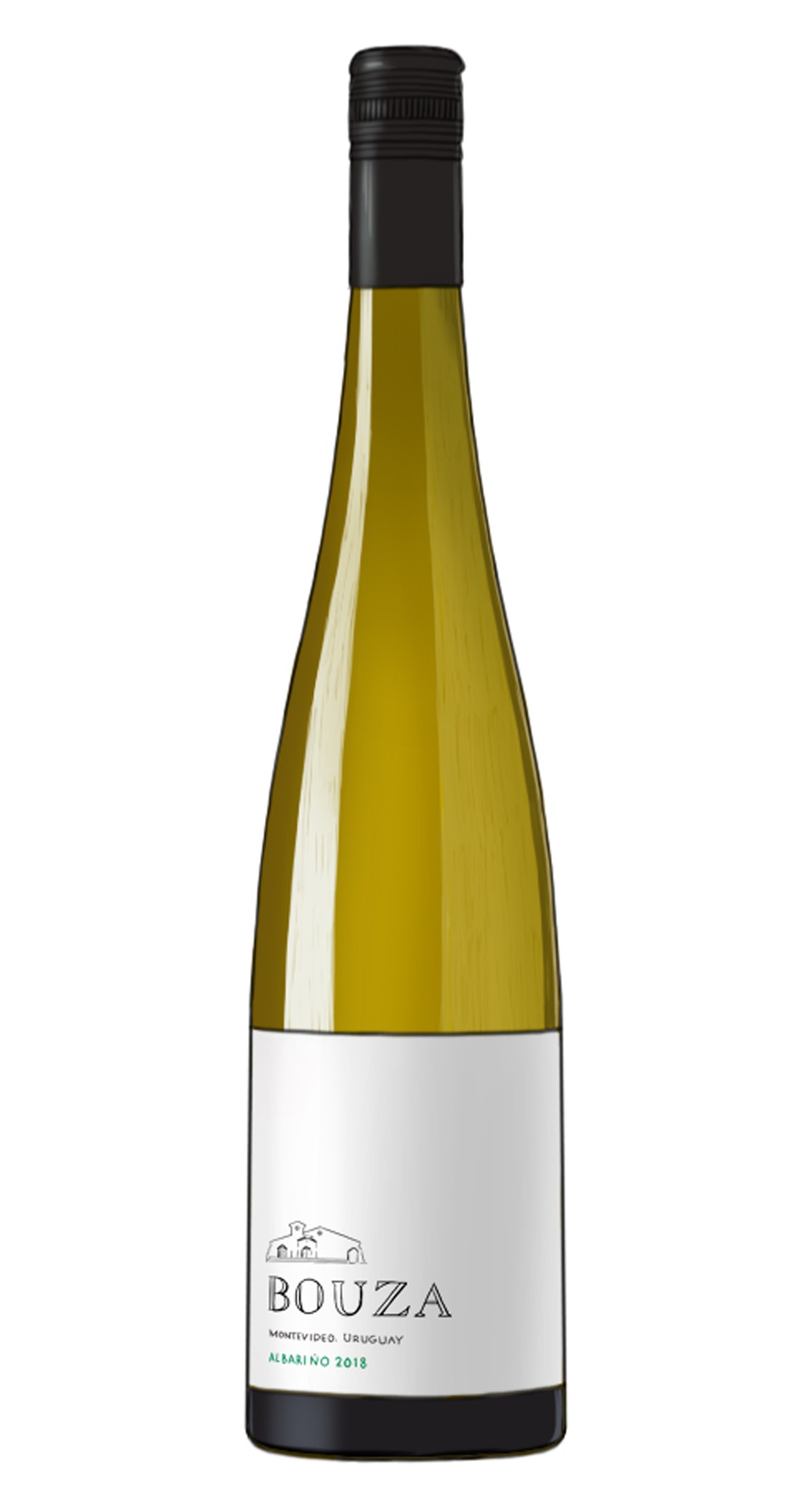 Bodega Bouza Albariño 2018 white wine bottle from Uruguay with black cap and white label.
