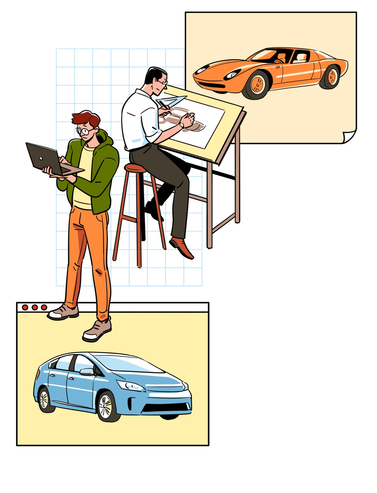Two automotive designers working - one sketching a sports car at a drafting table, another with laptop viewing a hybrid car