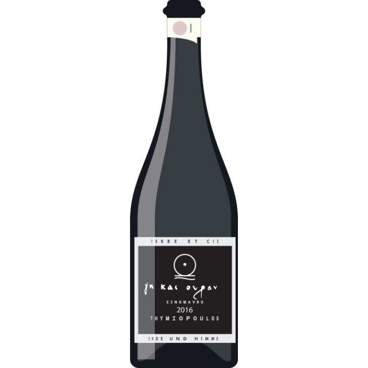 Dark wine bottle with white label showing Thymiopoulos Earth and Sky 2018 xinomavro