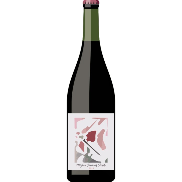 Wine bottle with artistic abstract label featuring pink and red shapes on white background