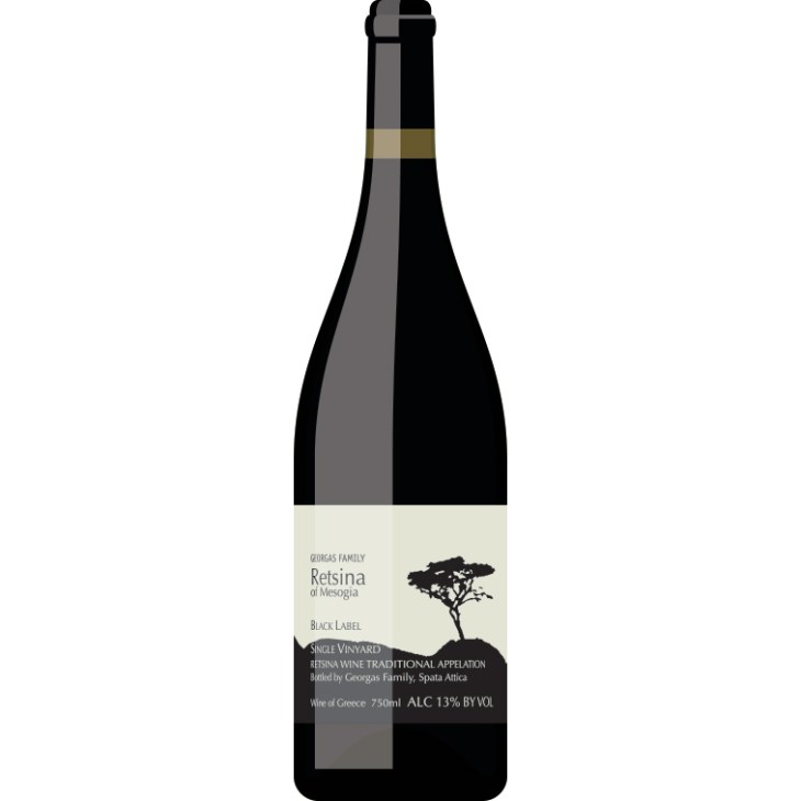 Georgas Family Retsina Black Label wine bottle with cream colored label and tree illustration