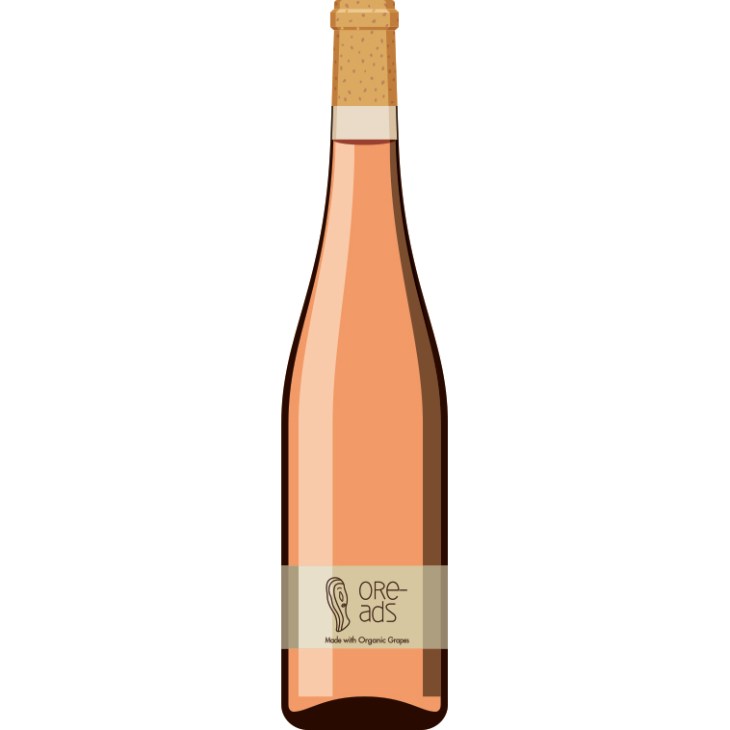 Papras Bio Wines Oreads Rose 2019 bottle with coral-colored wine and cork closure