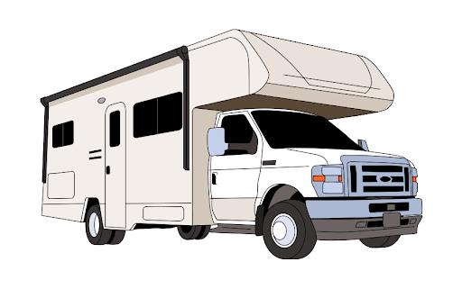 Illustration of a white Winnebago recreational vehicle motorhome on a truck chassis.