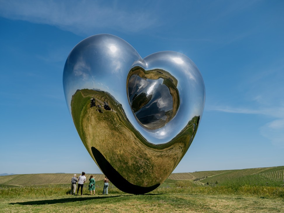 Large polished steel sculpture with reflective surfaces shaped like a face with two circular eye-like forms, displayed in open countryside with visitors nearby.