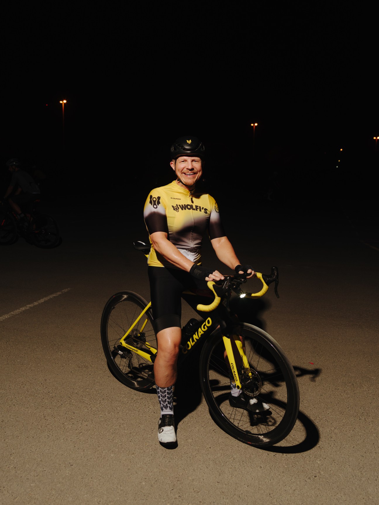 Wolfi Hohmann poses with his yellow and black Wolfi's bike during an early morning desert ride in Dubai.
