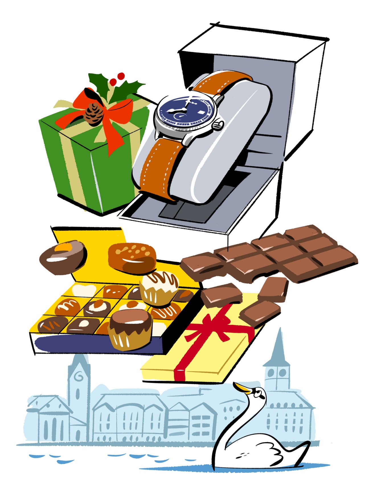 Illustration of Christmas gifts including a watch in box, chocolates, and wrapped presents with Swiss cityscape