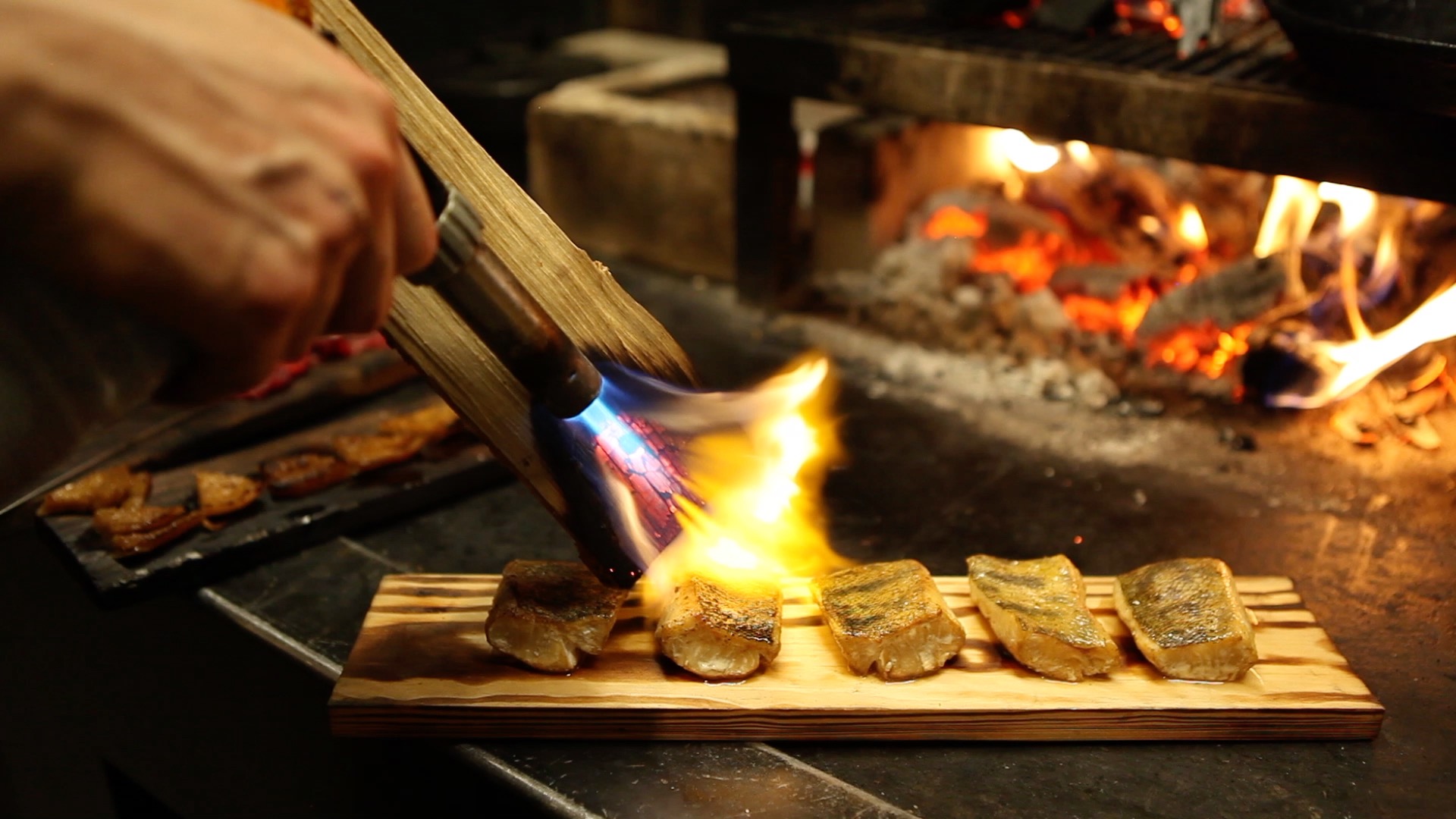 Food cooked on fire
