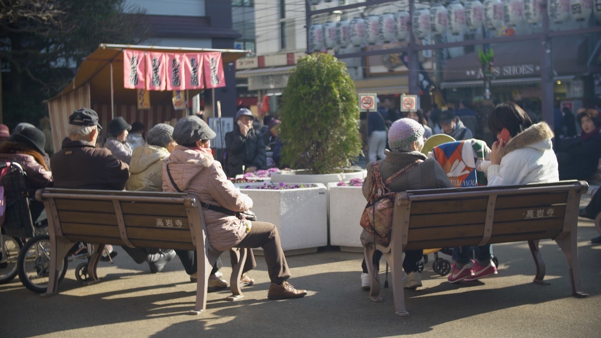 Elderly people sitting on benches.