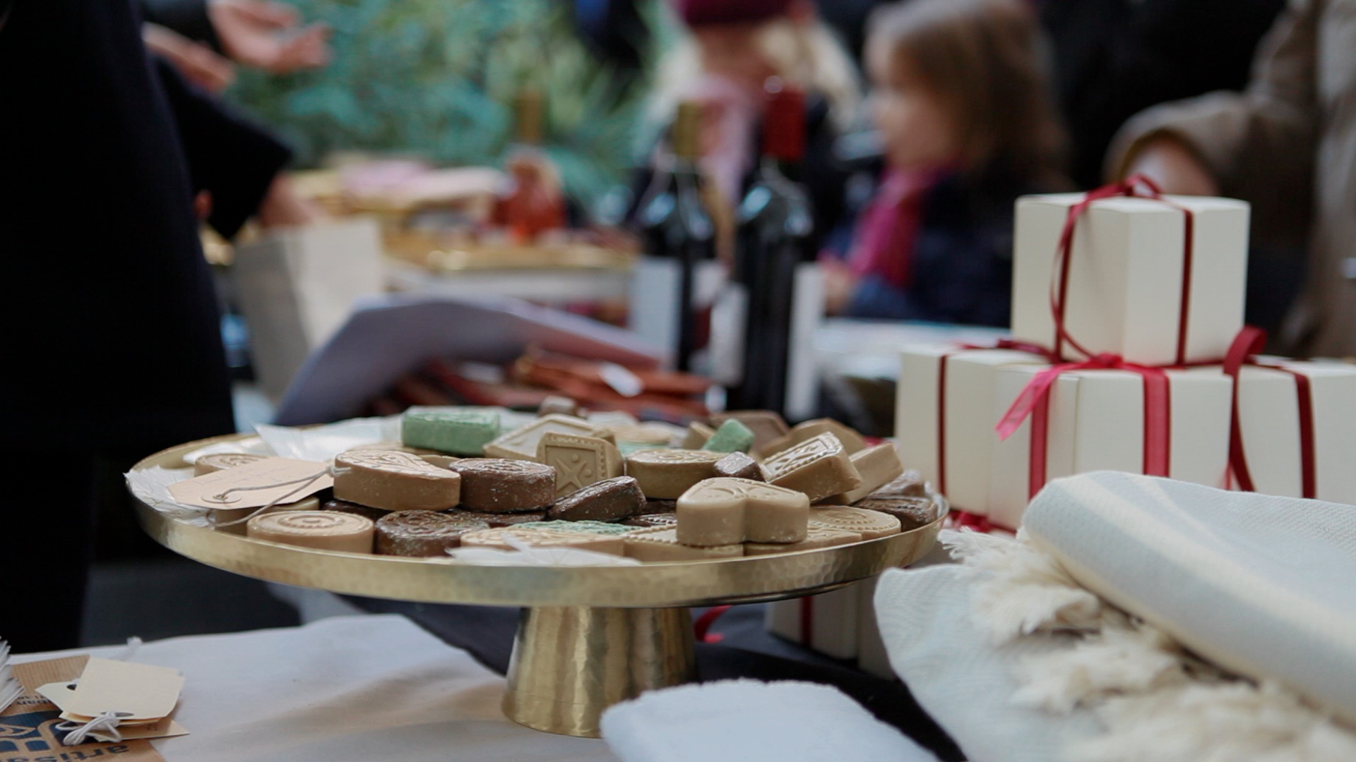 Christmas products displayed in a stall.