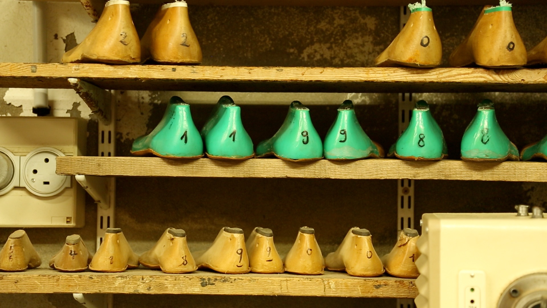 Shoe moulds in a workshop.