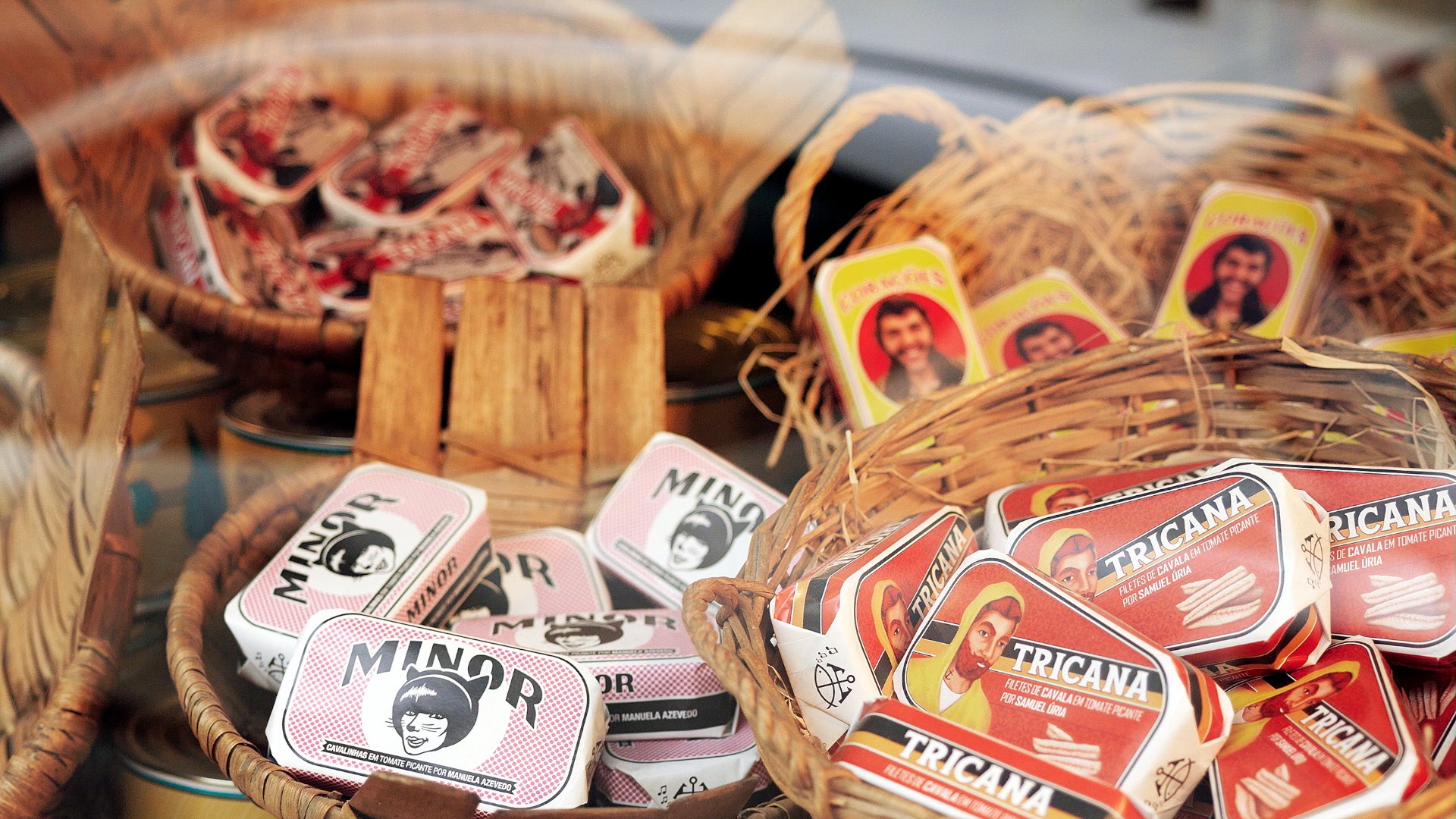 Portuguese products in baskets.