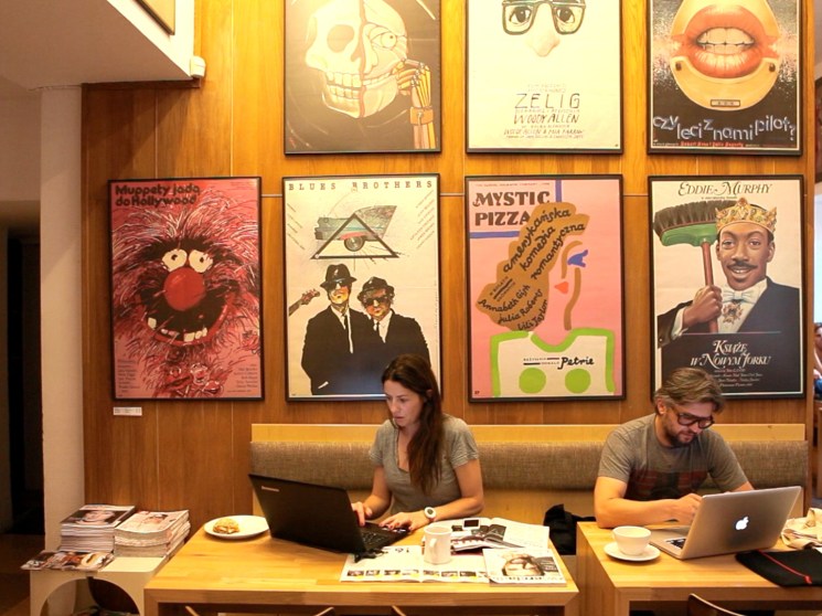 People working at a cafe in Mokotow.
