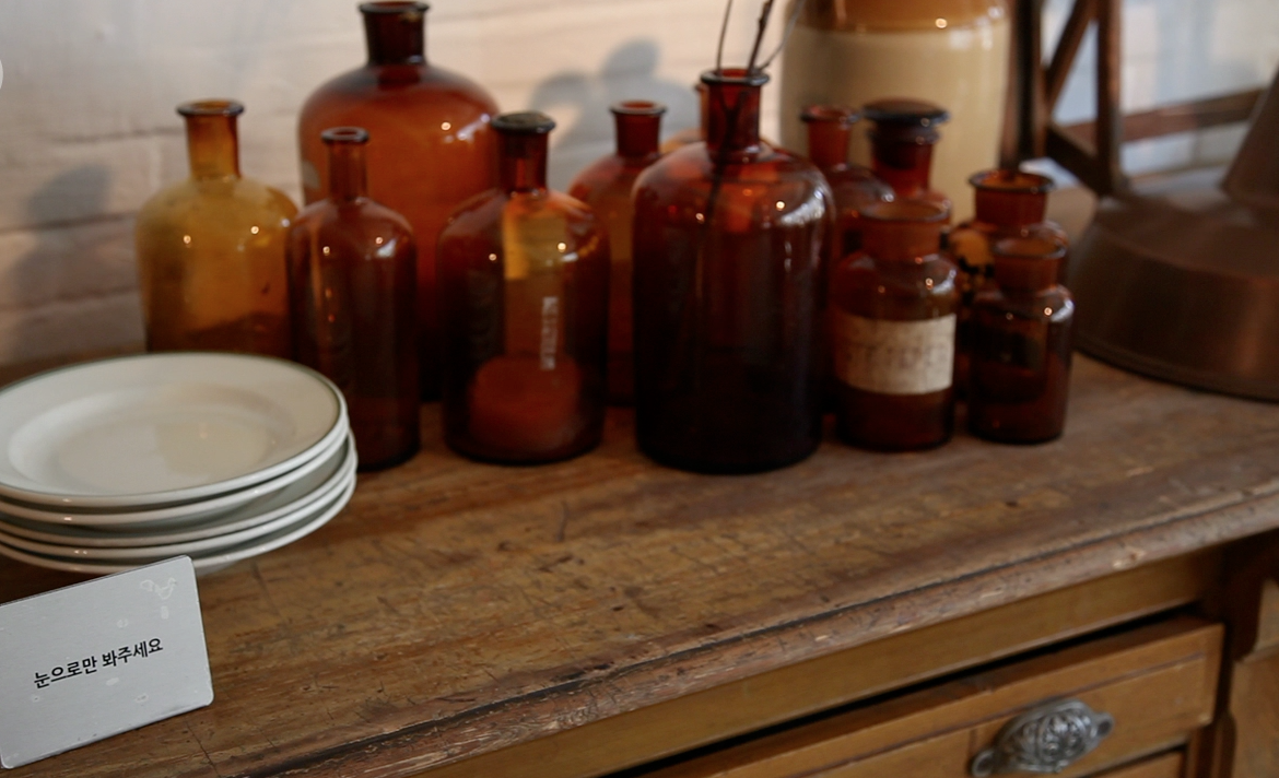 plates and glass bottles