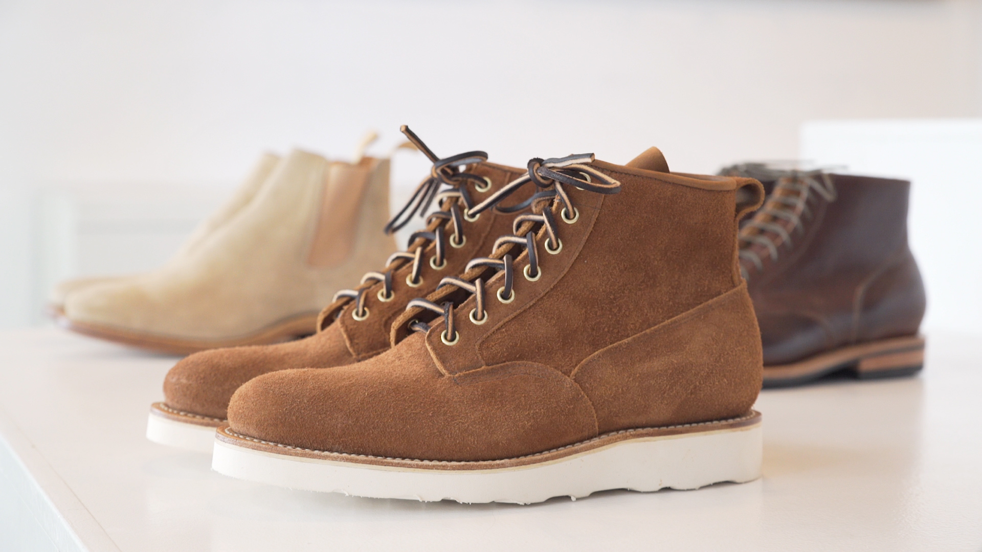 Viberg shoes on display.