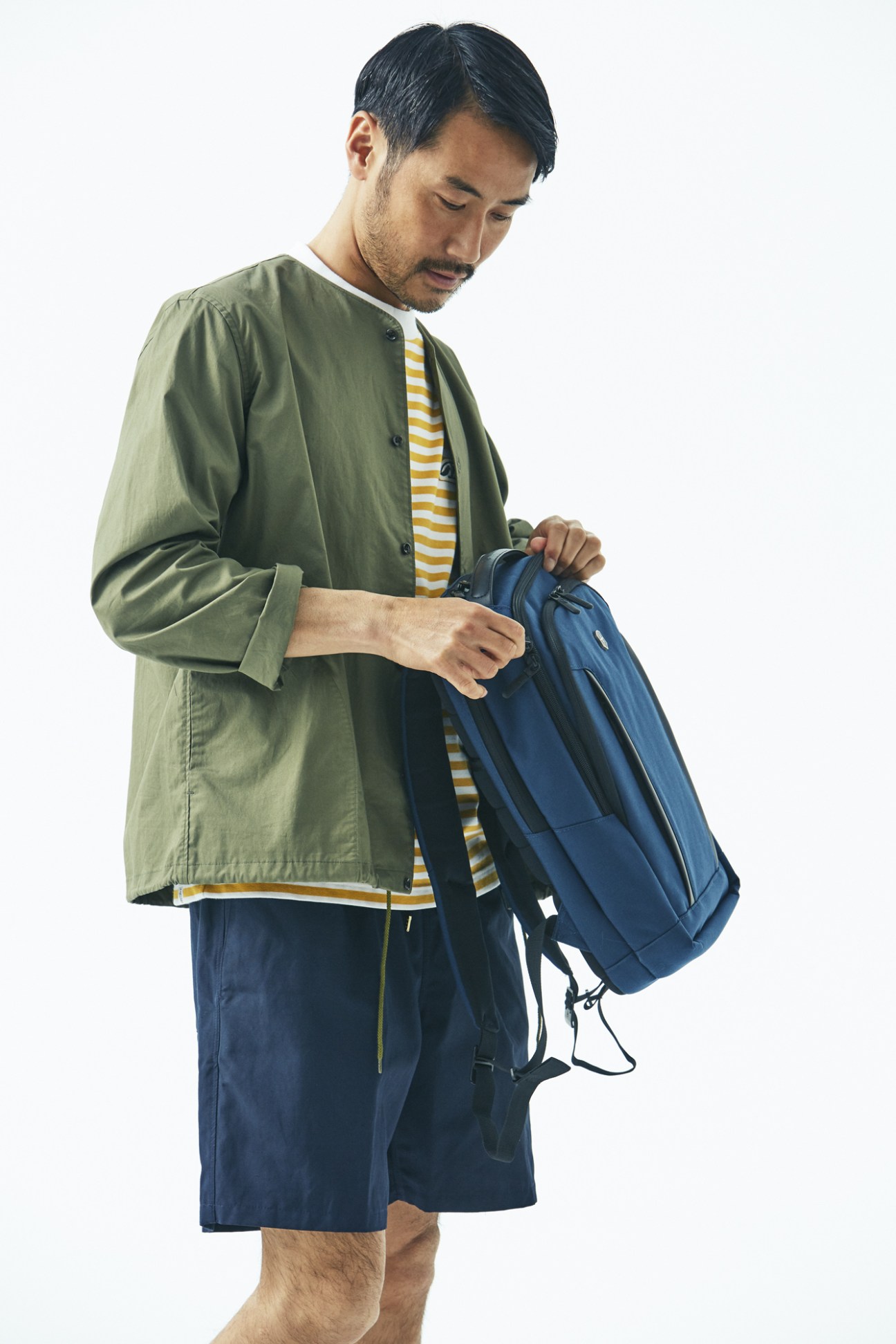 Man wearing olive jacket, yellow and white striped t-shirt, navy shorts, and carrying a Victorinox backpack.