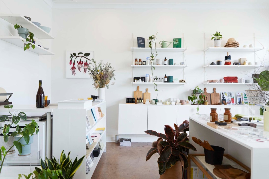 Interior of Ensemble shop in Adelaide with white shelving displaying plants, books, ceramics and wooden items.
