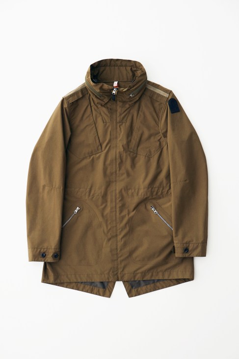 Olive-brown Parajumpers jacket with hood and front zip pockets displayed on white background.
