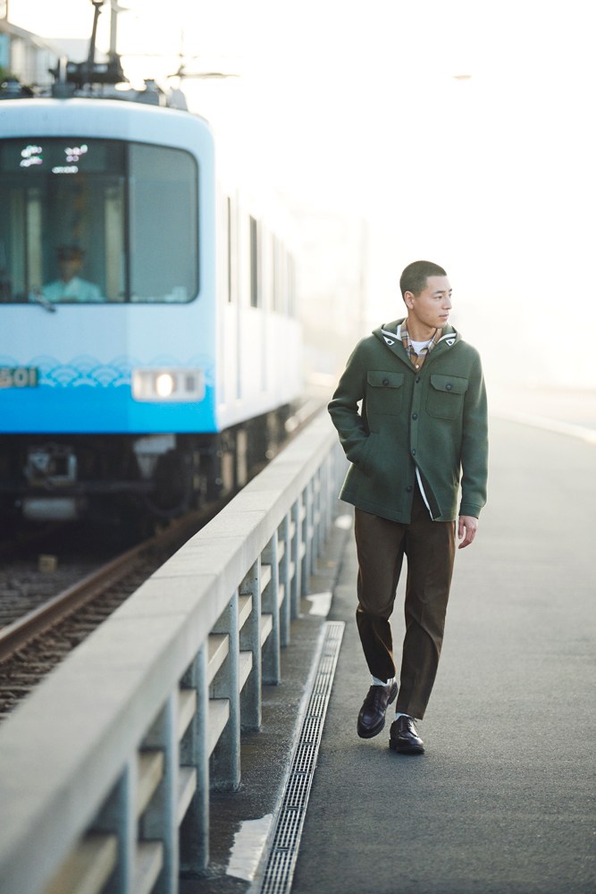 Contemporary look with jacket, layered shirts and sturdy shoes