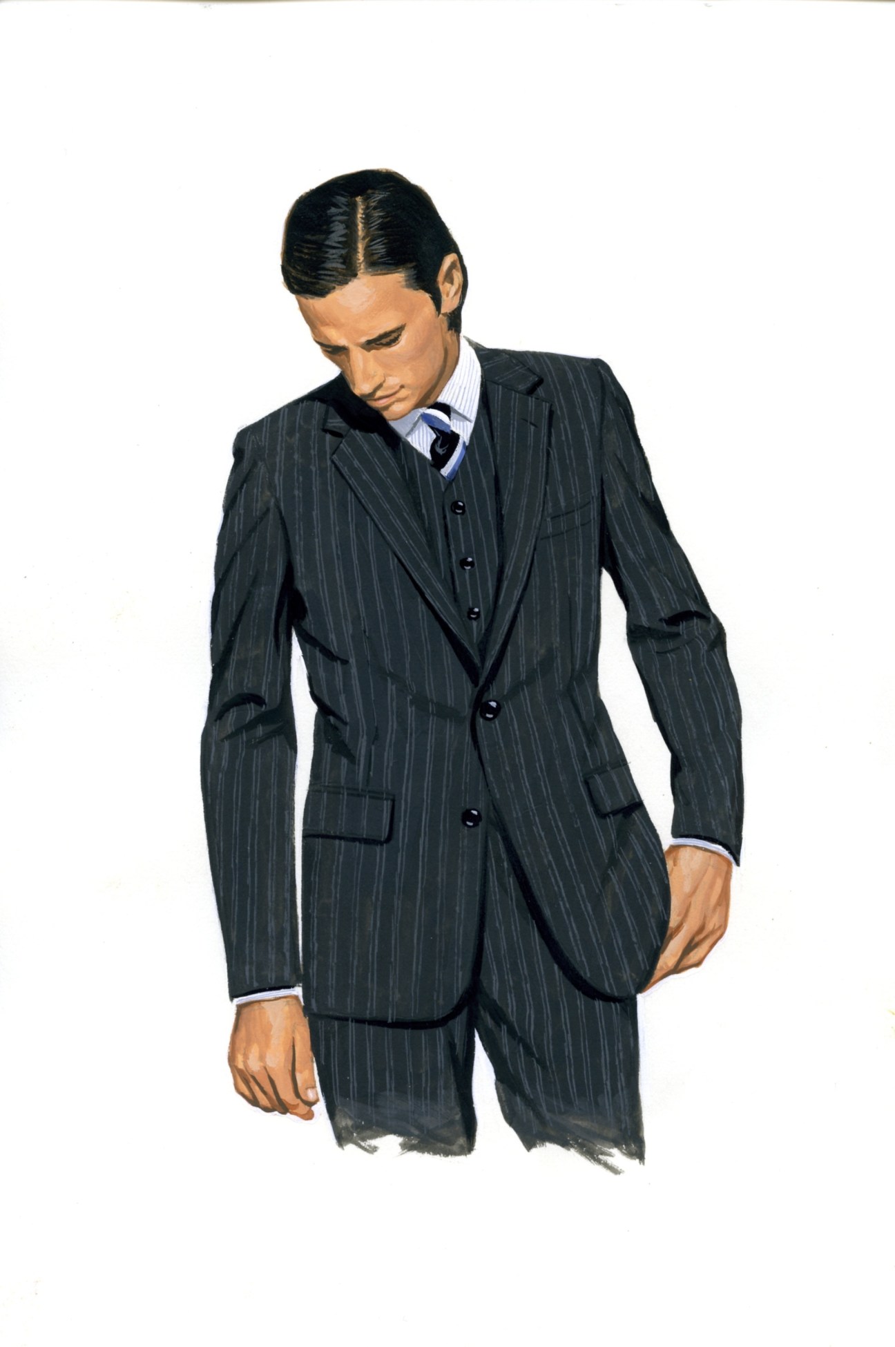 Illustration of a man wearing a dark pinstriped blazer with white shirt and navy tie by Comme des Garçons Homme Deux.