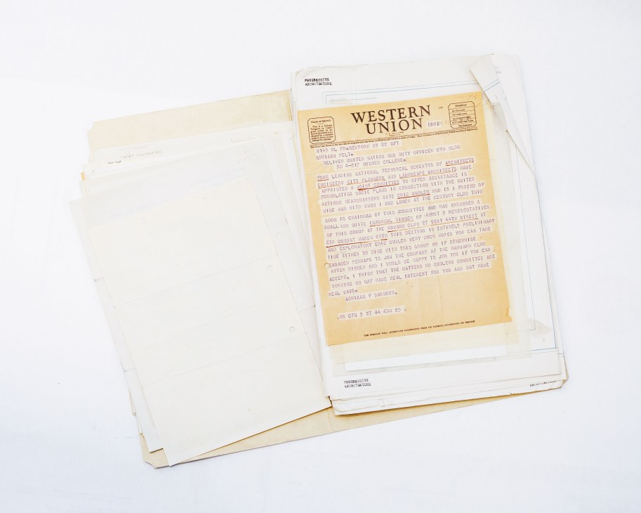 A Western Union telegram featuring early design correspondence for the UN's Manhattan headquarters.