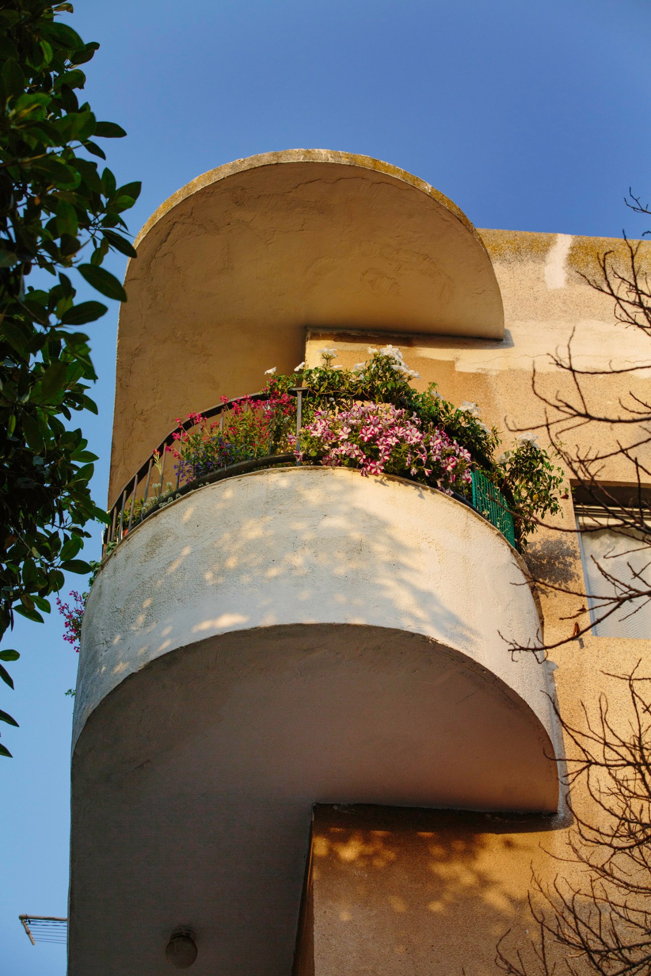Modernist cylindrical tower with curved balcony featuring flowering plants against clear blue sky.