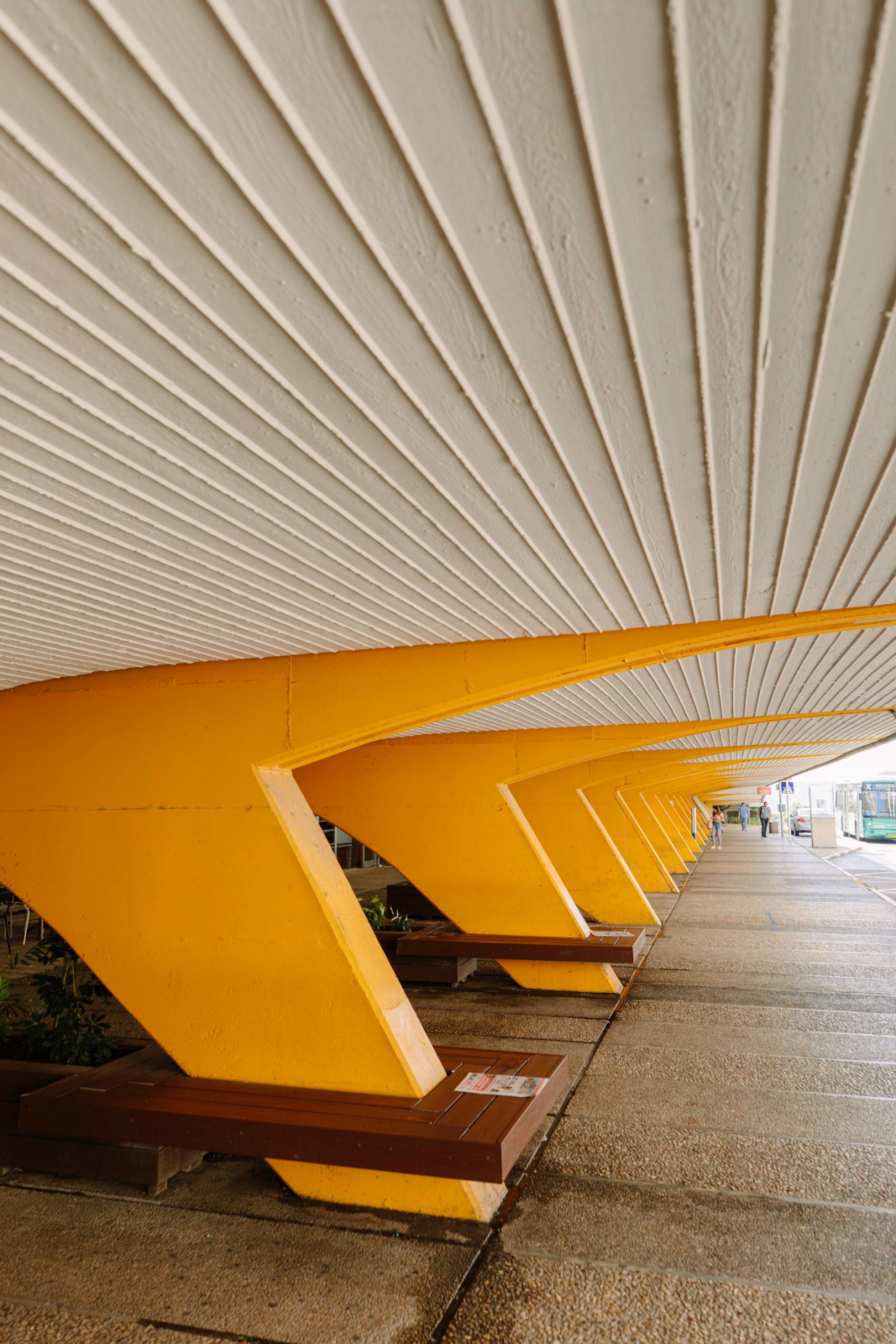 Modern yellow and white bus shelter with geometric ribbed canopy design at university.