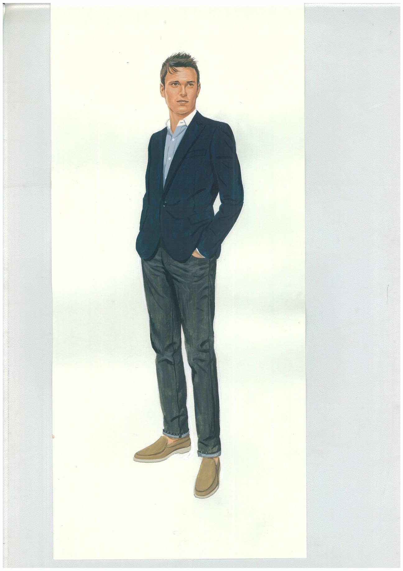 Man wearing Hugo Boss navy blazer with light blue shirt, jeans, and tan loafers.