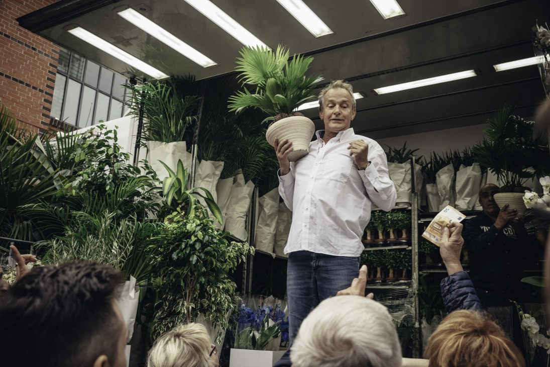 Roberto Saarloos, the Dutch king of flowers, selling plants at Hamburg Fish Market.